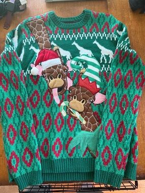 Festive Green & Red Giraffe Holiday Cardigan Sweater